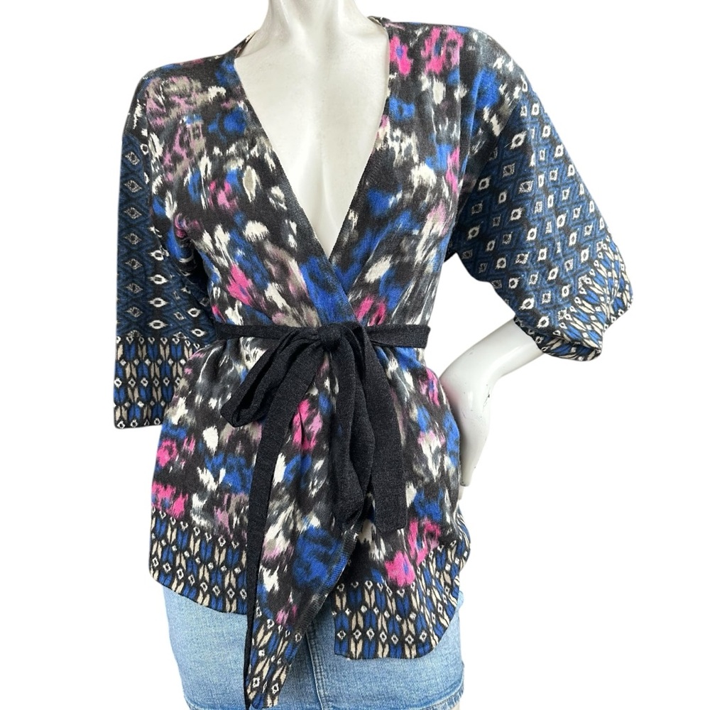 Anthropologie Guinevere Pink Gray Blue Belted Merino Wool Wide Sleeve Cardigan